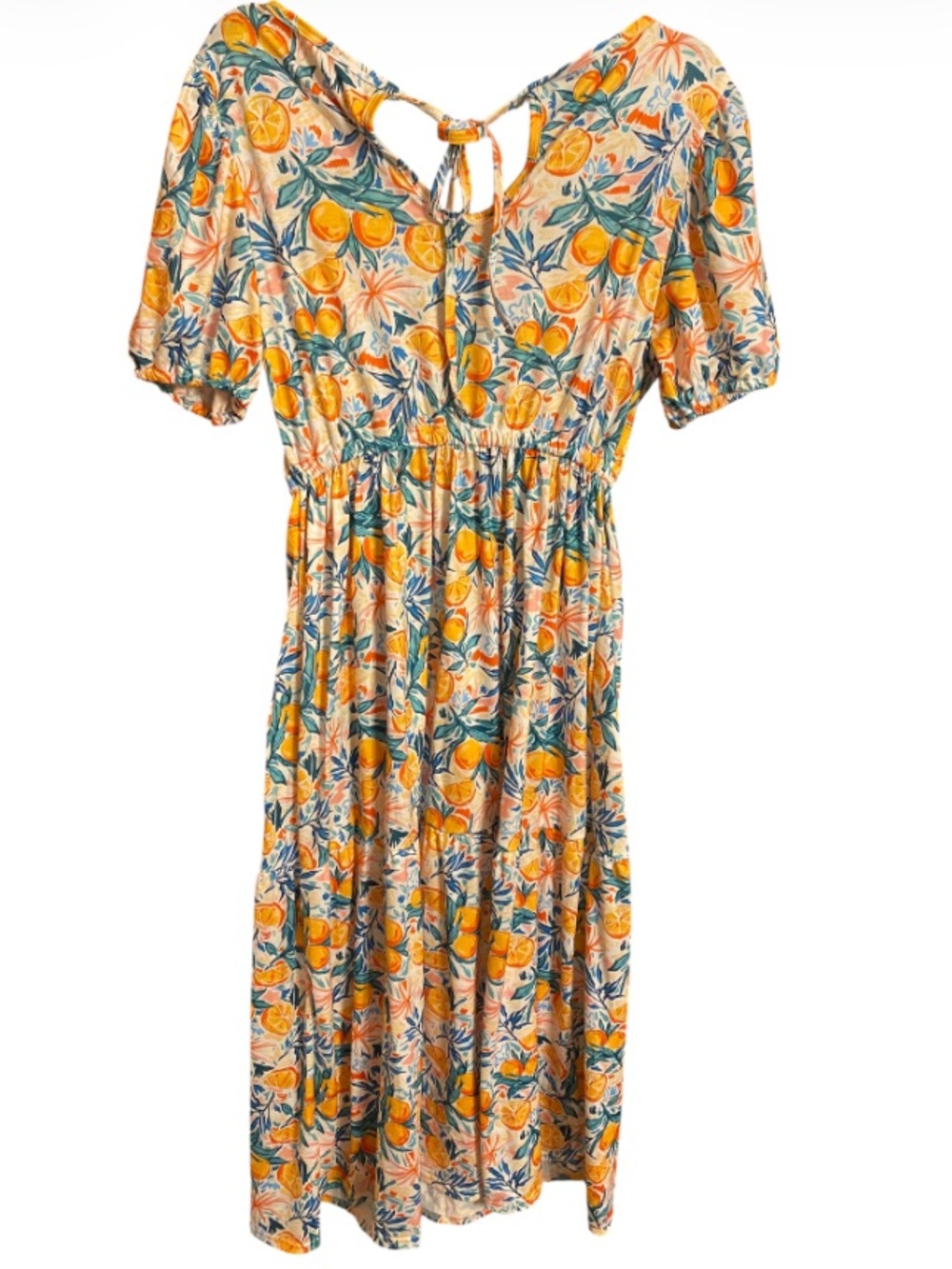 Abby & Evie Citrus Print Tie-Back Puff Sleeve Tiered Dress NWT Size Large - Picture 3 of 5